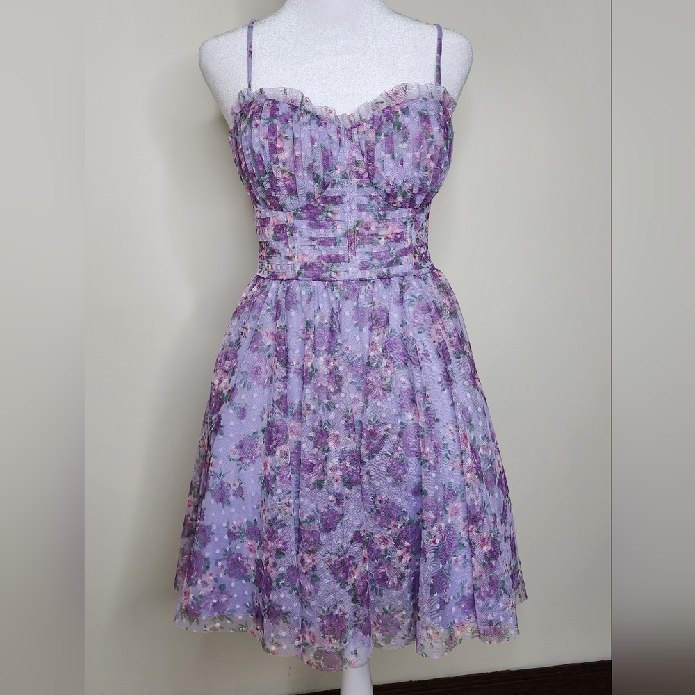 City Studio Purple Floral A-line Cocktail Dress sz 3/4 Ethereal Coquette Girl